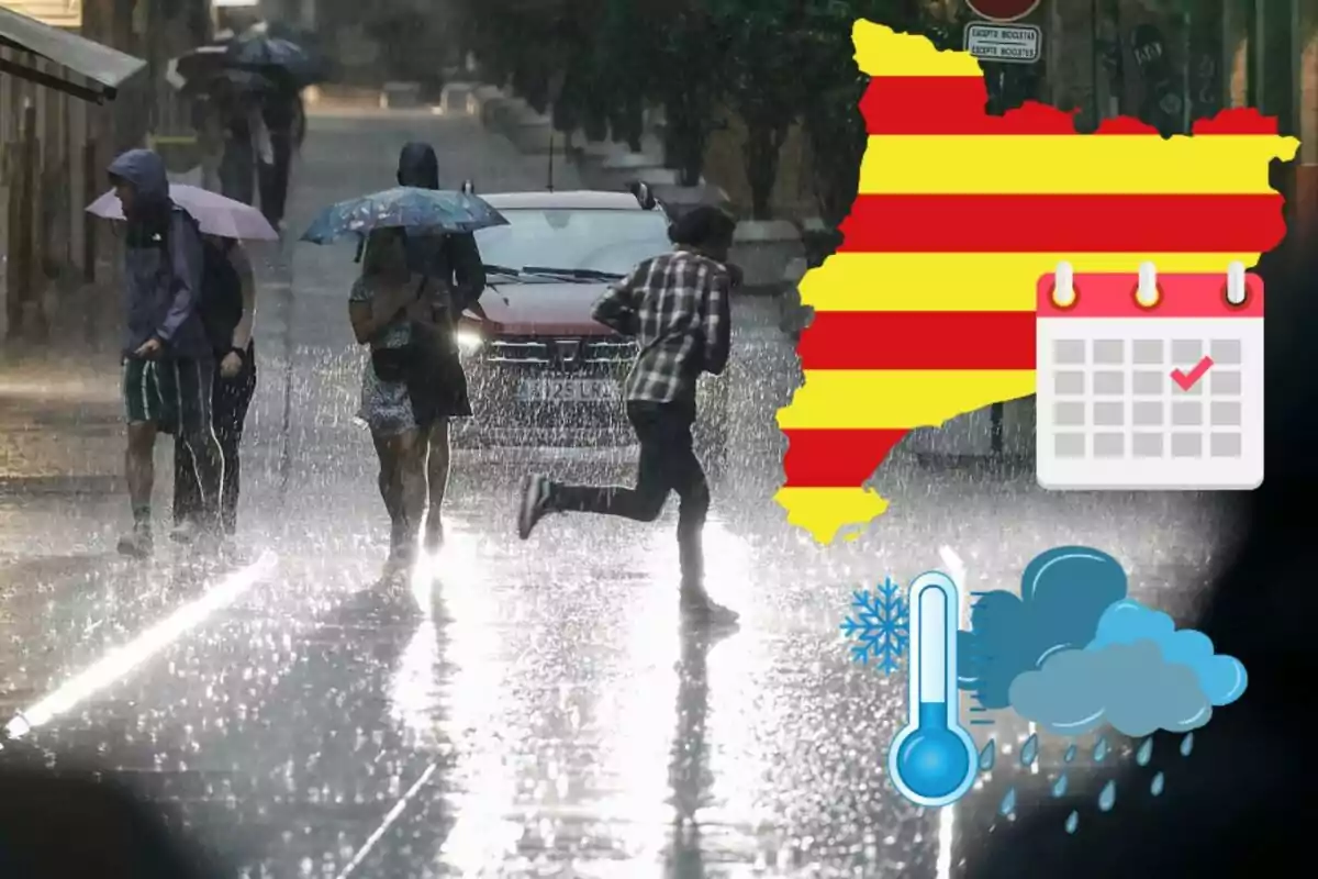 Persones caminant sota la pluja amb paraigües en un carrer, amb un mapa de Catalunya, un calendari i símbols de clima fred i plujós superposats.