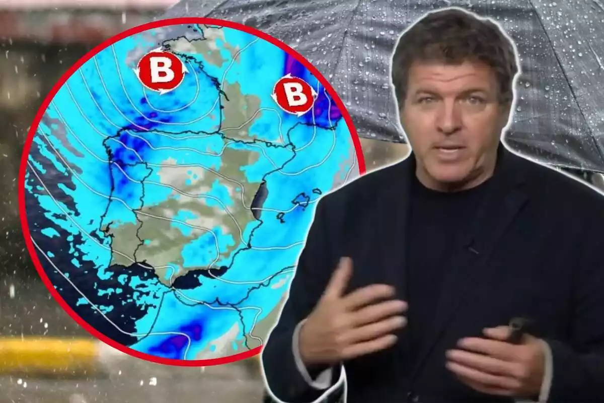 Muntatge amb pluja de fons, un cercle amb un mapa radar d'Espanya i Mario Picazo amb cara seriosa