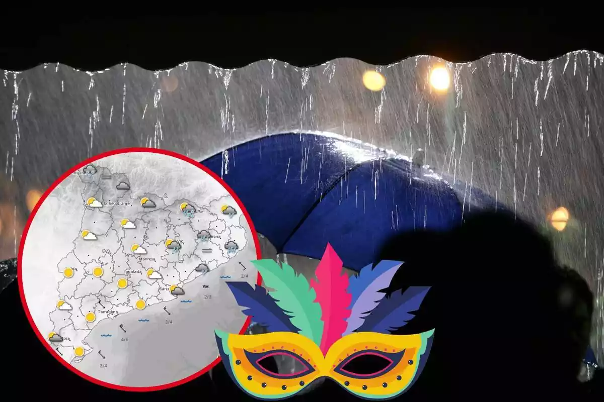 Muntatge amb pluja i gent amb paraigües, el mapa meteorològic de Catalunya i una màscara de Carnaval
