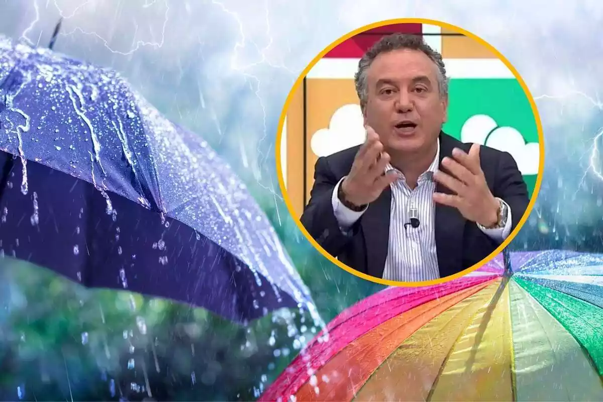 Muntatge amb una imatge de pluja i paraigua i un cercle amb la cara de Roberto Brasero