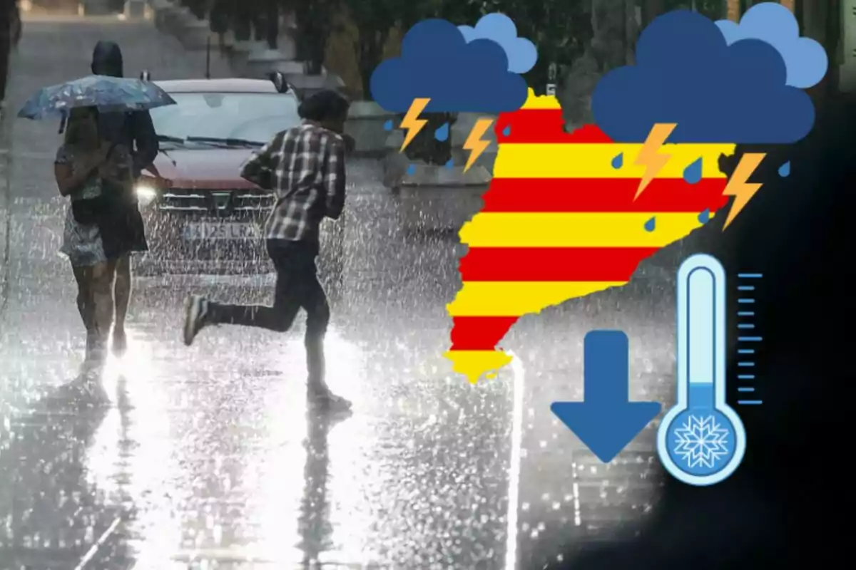 Muntatge amb gent al carrer al mig de la pluja, un mapa de Catalunya i termòmetre
