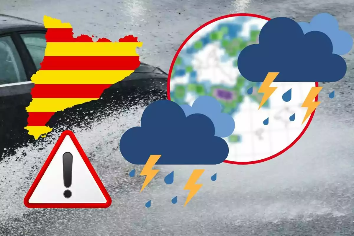 Mapa de Catalunya amb símbols d´advertiment i tempestes elèctriques sobre un fons de pluja intensa.