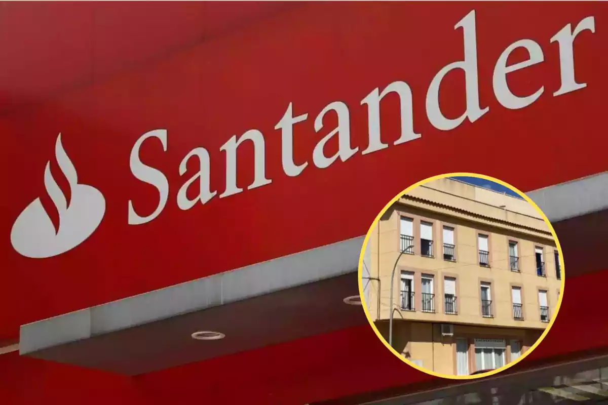 Muntatge del logo del Banco Santander i un edifici d'habitatges