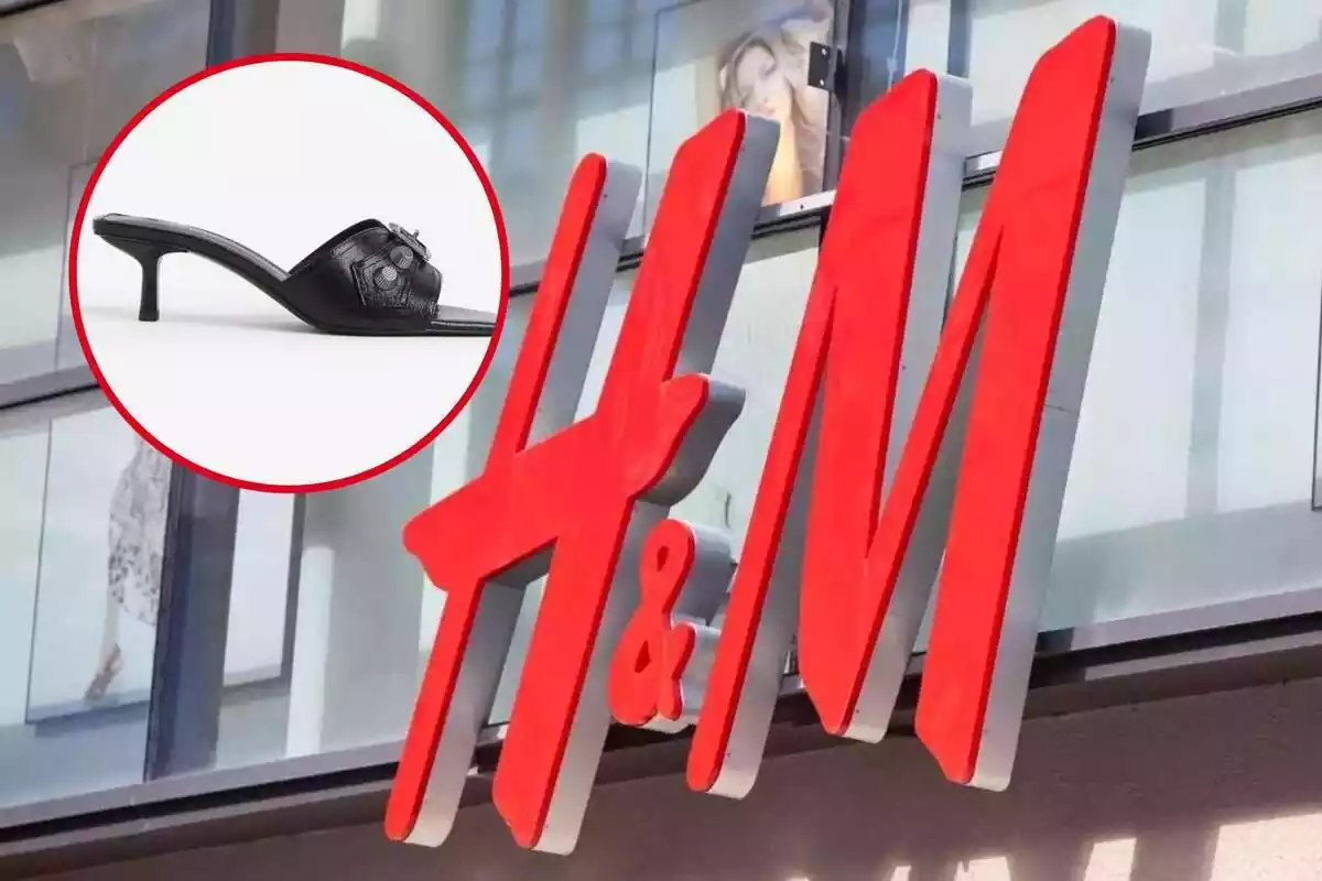 Muntatge on apareix el logotip de la botiga de moda H&M i unes sandàlies de color negre al costat