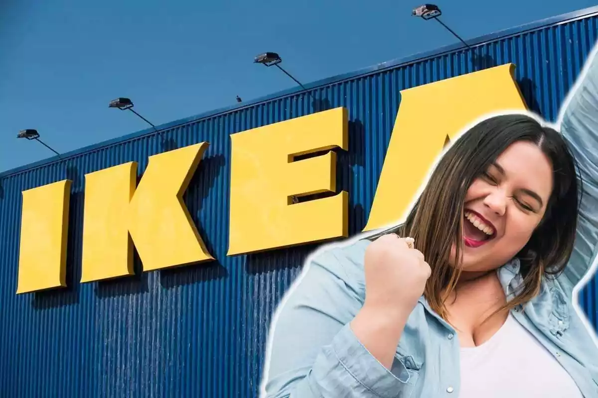 Muntatge amb el rètol d'Ikea a l'exterior d'una de les botigues i una dona contenta celebrant amb els braços enlaire