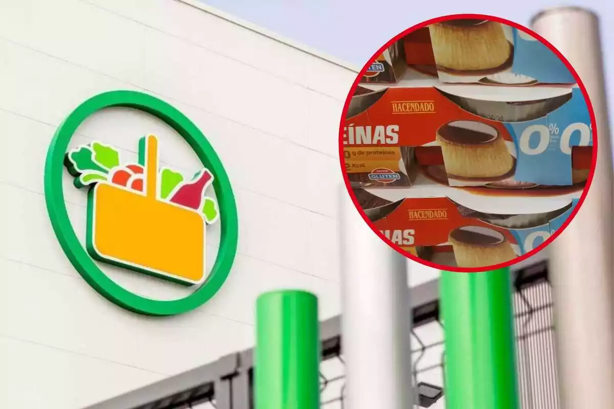 Muntatge amb el logotip de Mercadona a l'exterior d'una de les botigues i un cercle amb diversos paquets de flam +Proteïnes de la marca blanca Hacendado