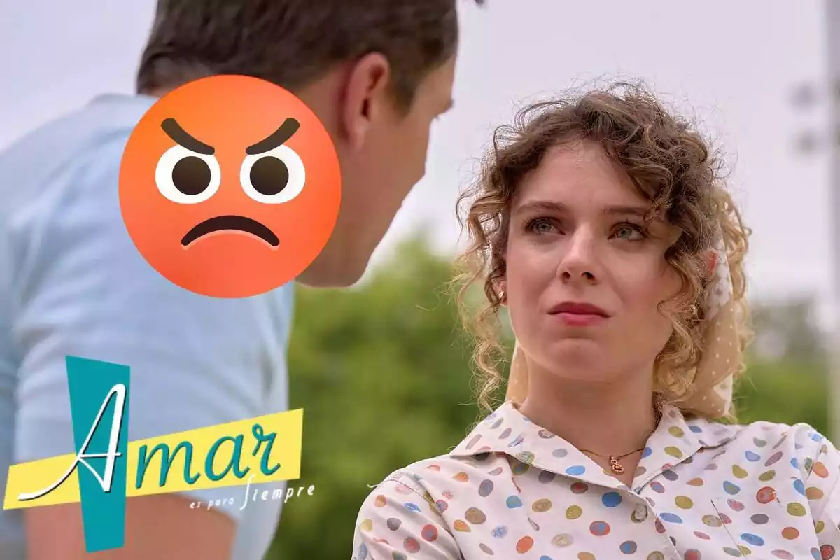 Muntatge d''Amar es para siempre' amb Lola seriosa amb una camisa de talps, el logo de la sèrie i un emoji enfadat