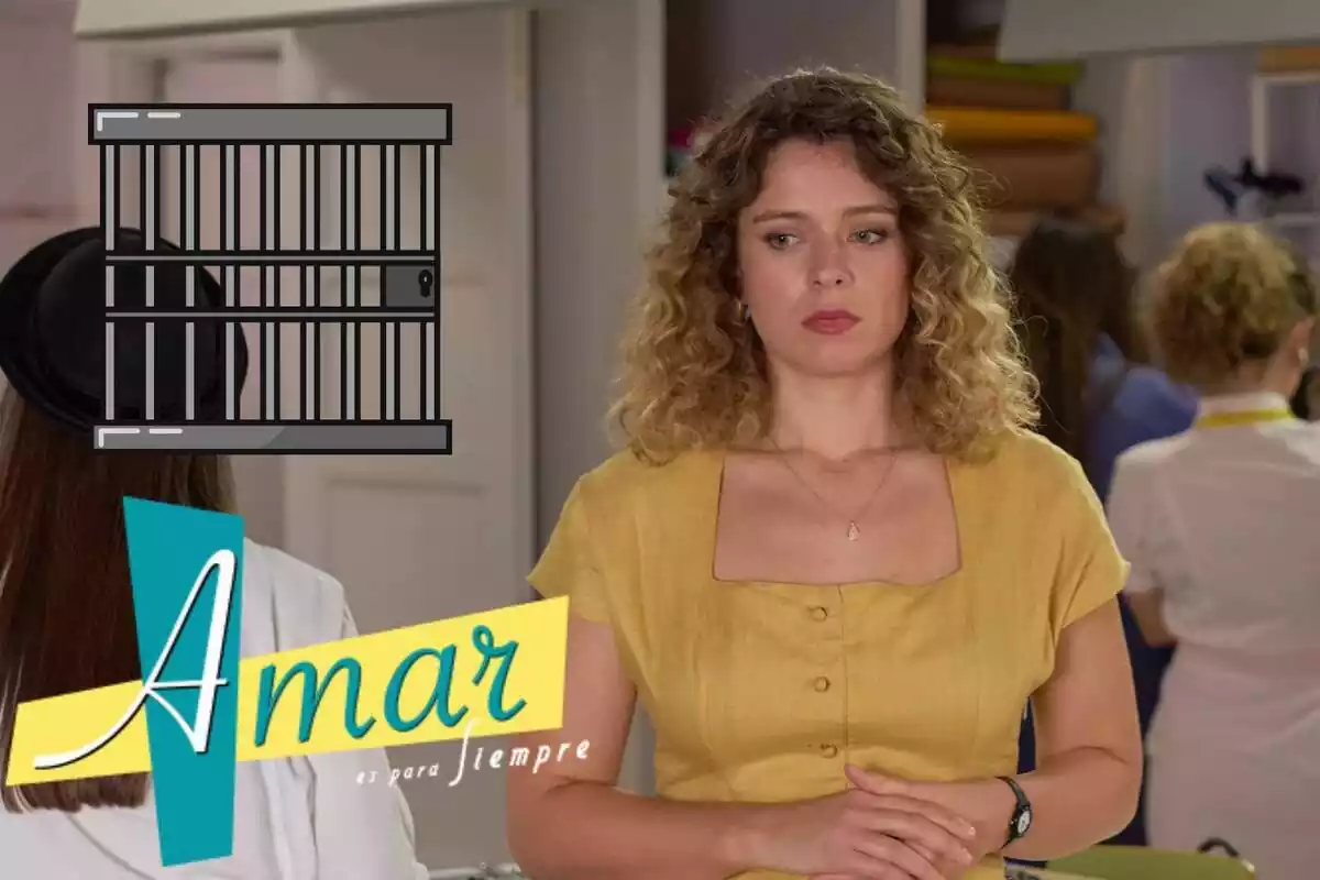 Muntatge d''Amar es para siempre' amb Lola amb rostre preocupat i les mans juntes, el logo de la sèrie i una porta de presó