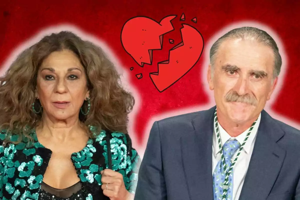 Lolita Flores y Juan y Medio posan frente a un fondo rojo con un corazón roto dibujado entre ellas.