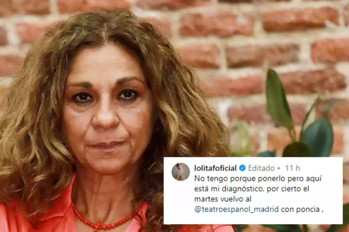 Muntatge amb un primer pla de Lolita Flores seriosa i un missatge seu a Instagram