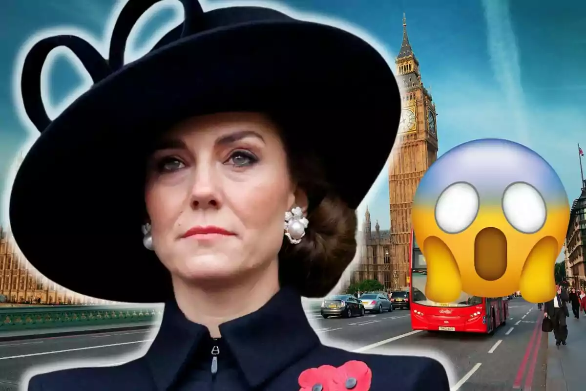 Kate Middleton amb barret negre i expressió seriosa davant del Big Ben a Londres amb un emoji sorprès superposat.