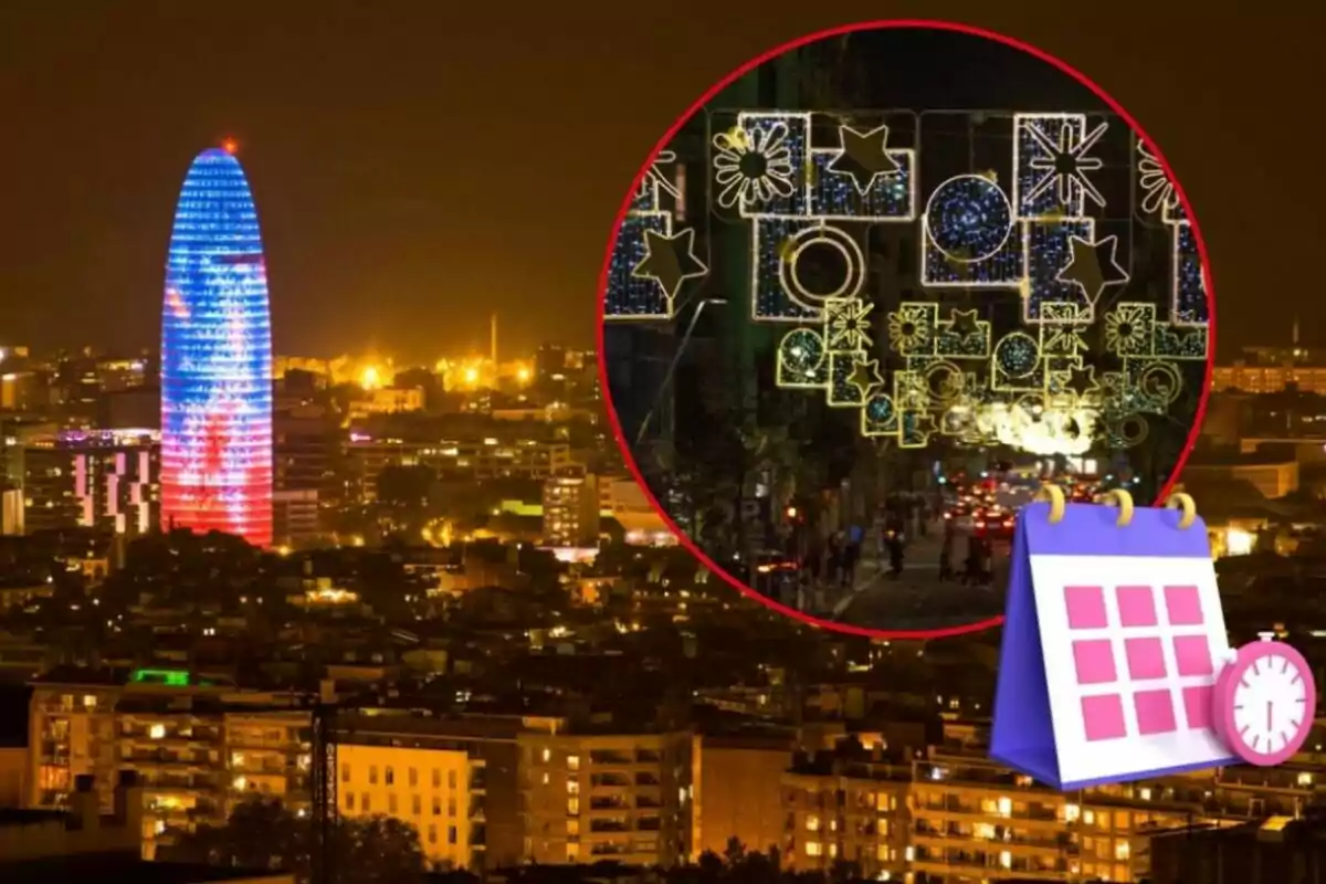 Vista nocturna d´una ciutat amb un edifici il·luminat en blau i vermell i un cercle que mostra llums decoratives en un carrer concorregut.