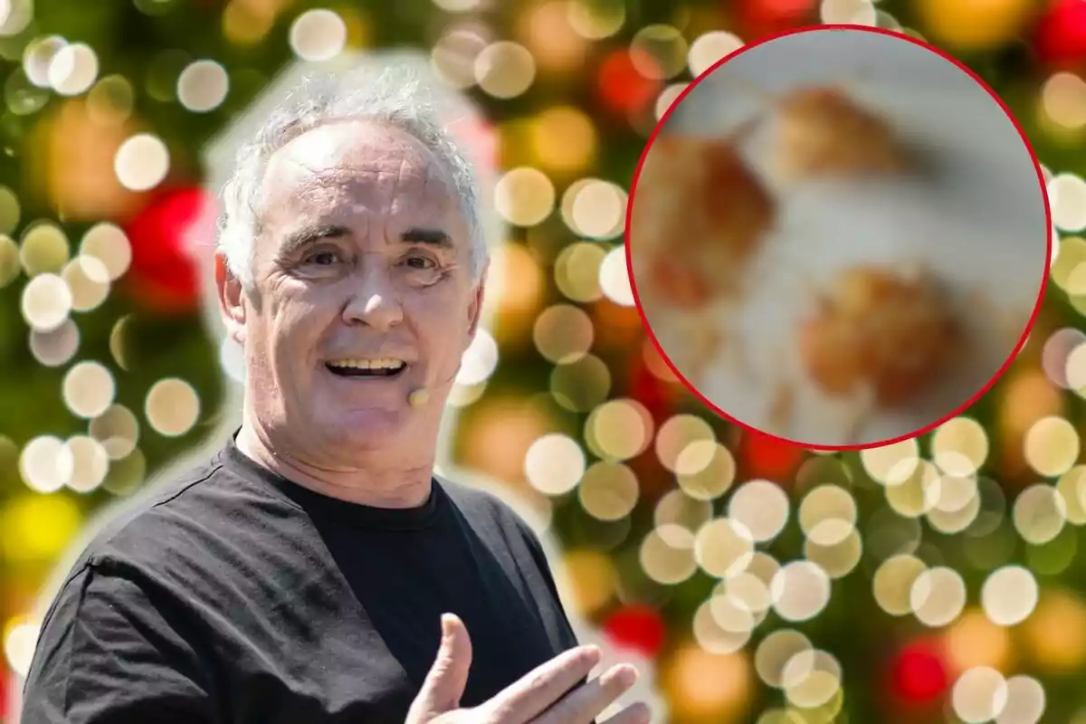 Ferran Adrià amb samarreta negra i micròfon a l'orella somriu davant d'un fons de llums desenfocats amb un cercle que mostra una imatge borrosa de menjar.