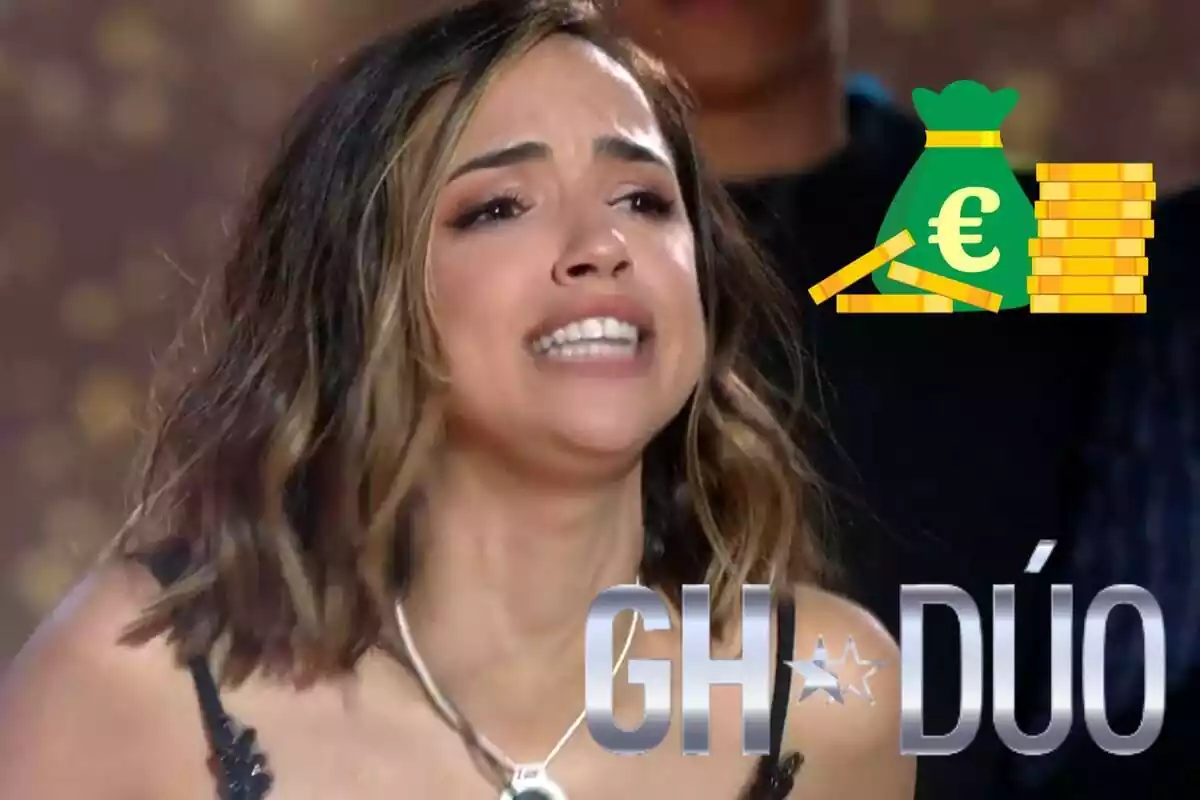 Muntatge de Lucía Sánchez parlant, el logotip de 'GH Duo' i diners