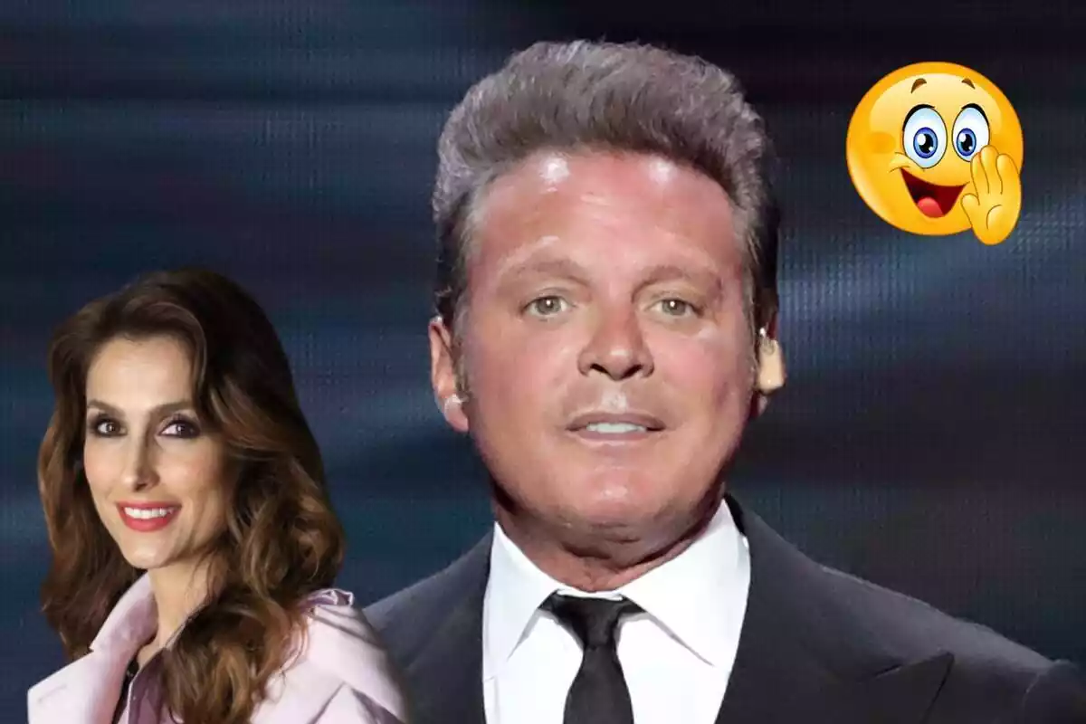 Muntatge de primer pla de Luis Miguel durant un concert, Paloma Cuevas somrient i un emoji explicant un secret