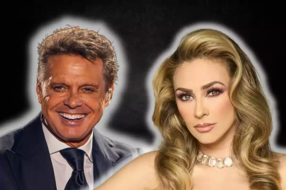 Luis Miguel and Aracely Arámbula posing together, one of them smiling and the other with a serious expression, both with elegant hairstyles and a dark background.