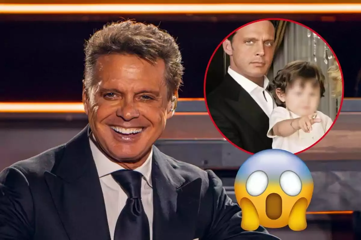 Luis Miguel somrient amb vestit fosc i corbata, amb un cercle que mostra a ell i un nen desenfocat, amb un emoji sorprès.