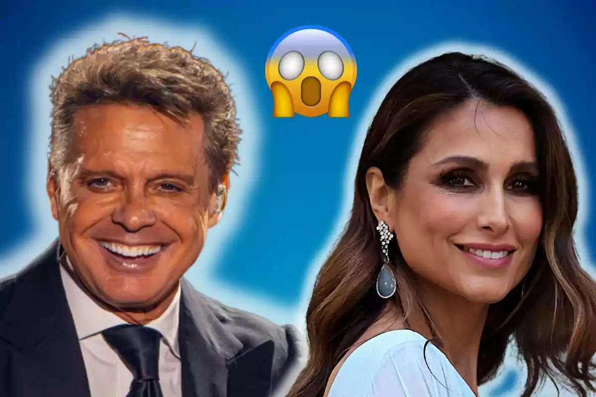 Luis Miguel y Paloma Cuevas sonrientes con un emoji sorprendido en el centro sobre un fondo azul.