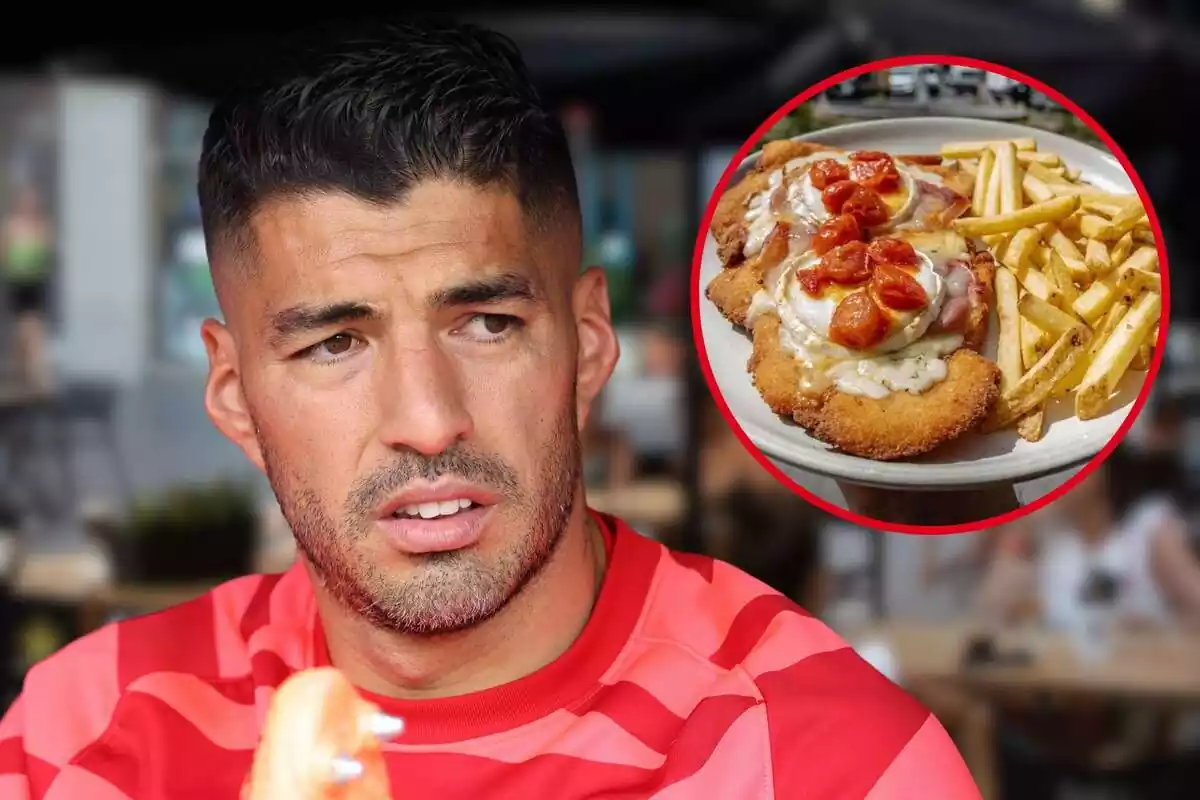 Muntatge de Luis Suarez amb un plat del restaurant Chalito