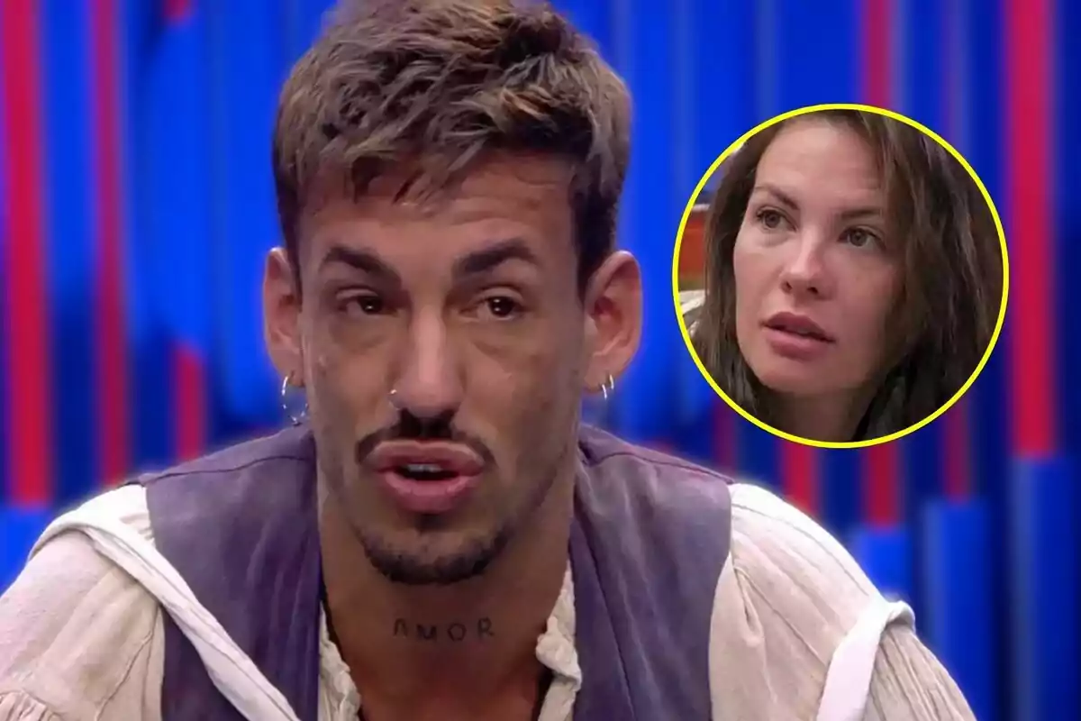 Lluiting amb expressió seriosa en un el confessionari de GH VIP amb una imatge circular de Jessica Bueno a la cantonada superior dreta.