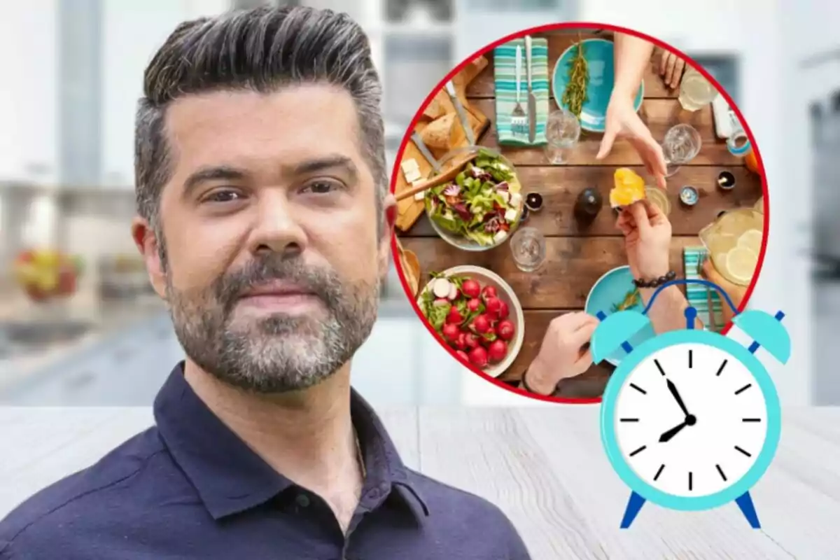 Un hombre con barba y cabello oscuro está frente a una imagen circular de una mesa con comida y un reloj azul.