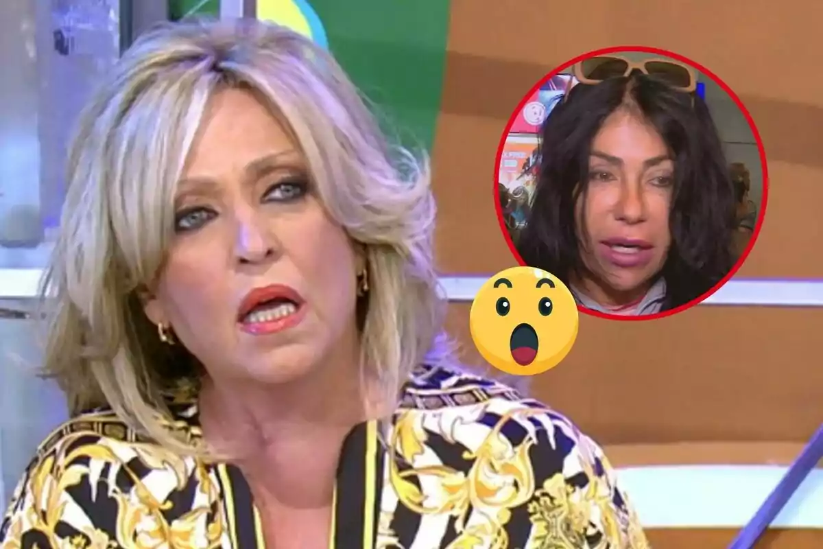 Lydia Lozano amb expressió seriosa en primer pla, amb una imatge circular d'una altra dona de cabell fosc i un emoji de sorpresa a la cantonada superior dreta.