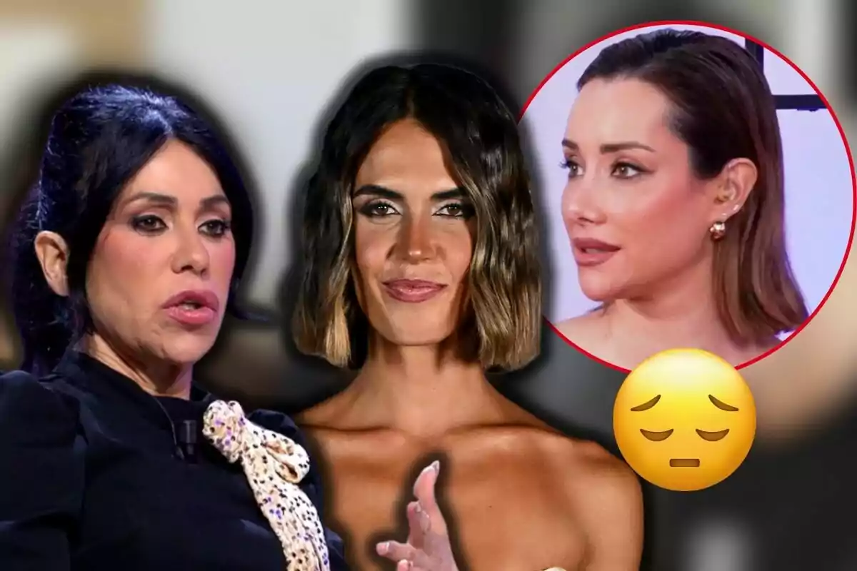 Maite Galdeano, Sofía Suescun i Adara Molinero en un muntatge fotogràfic amb un emoji de cara pensativa.