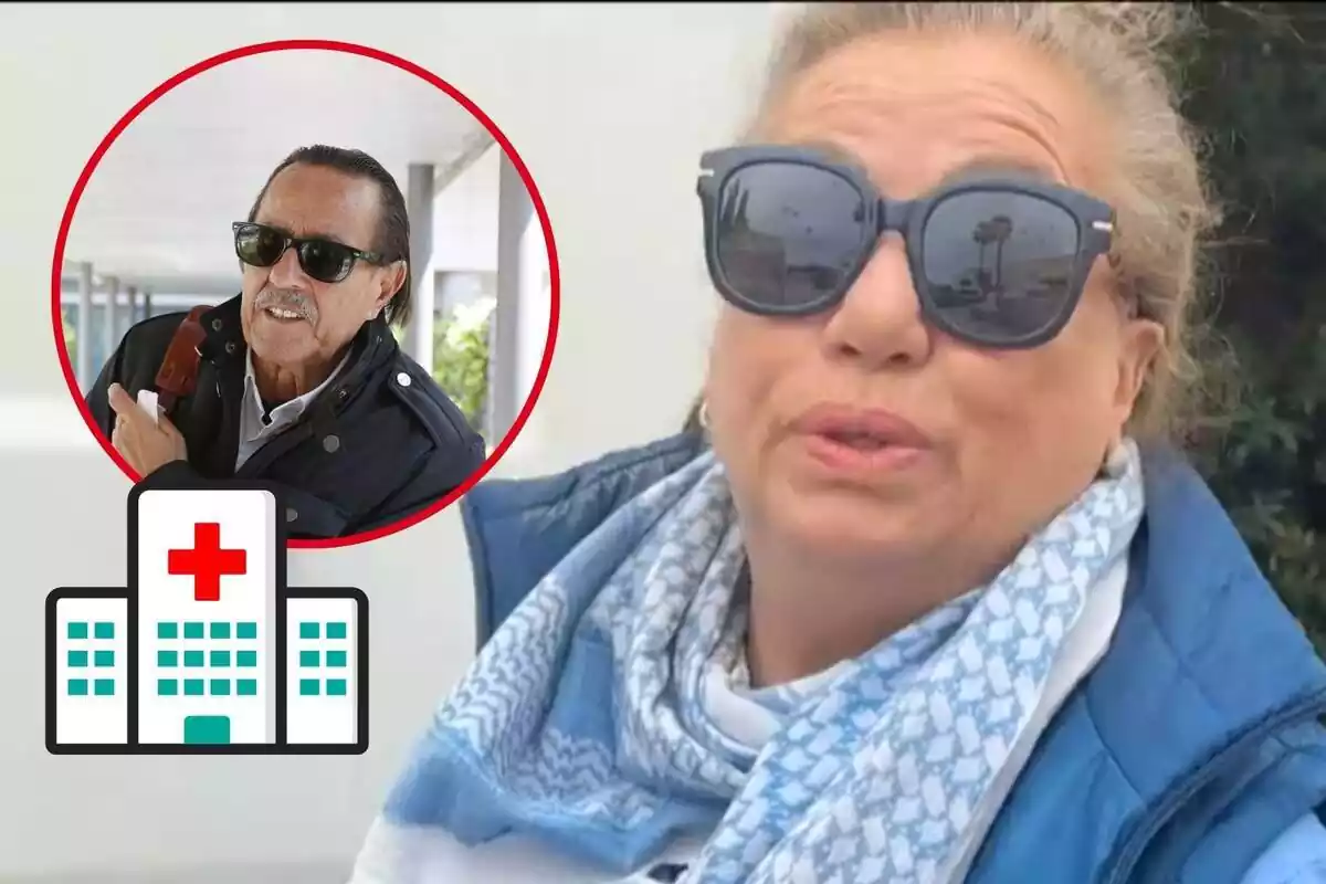 Muntatge de Maite Zaldívar parlant amb ulleres de sol i una bufanda blava, Julián Muñoz amb unes ulleres de sol i un hospital