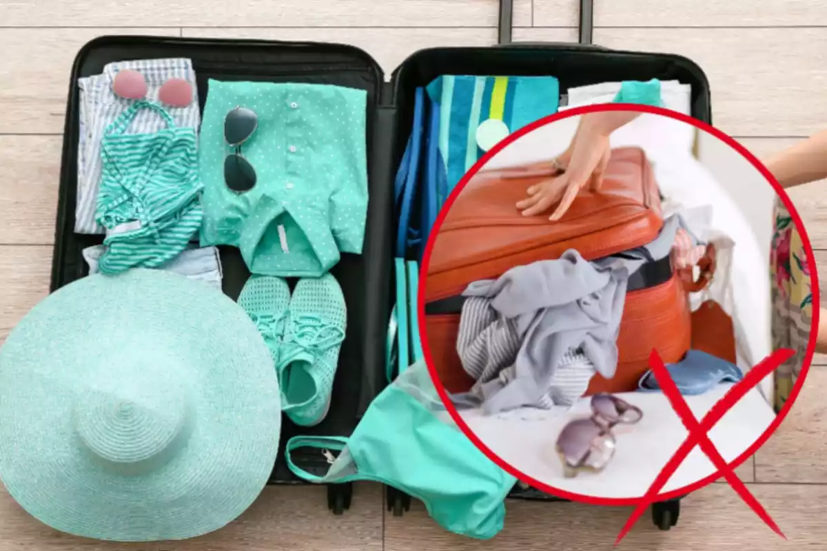 Muntatge amb una maleta ordenada plena de roba i accessoris i un cercle amb una segona maleta taronja plena de roba desordenada amb una creu de color vermell al costat