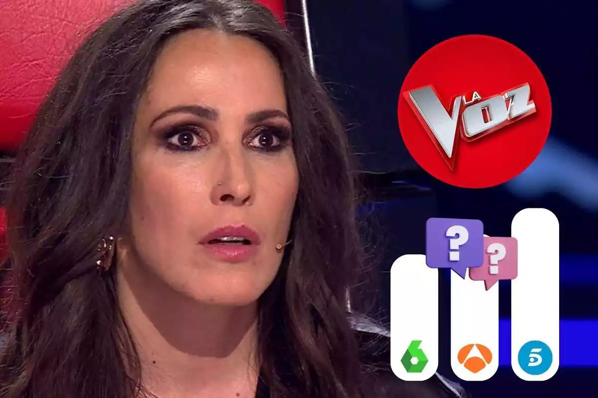 Muntatge de Malú amb el logotip de 'La Voz' i un gràfic de les audiències