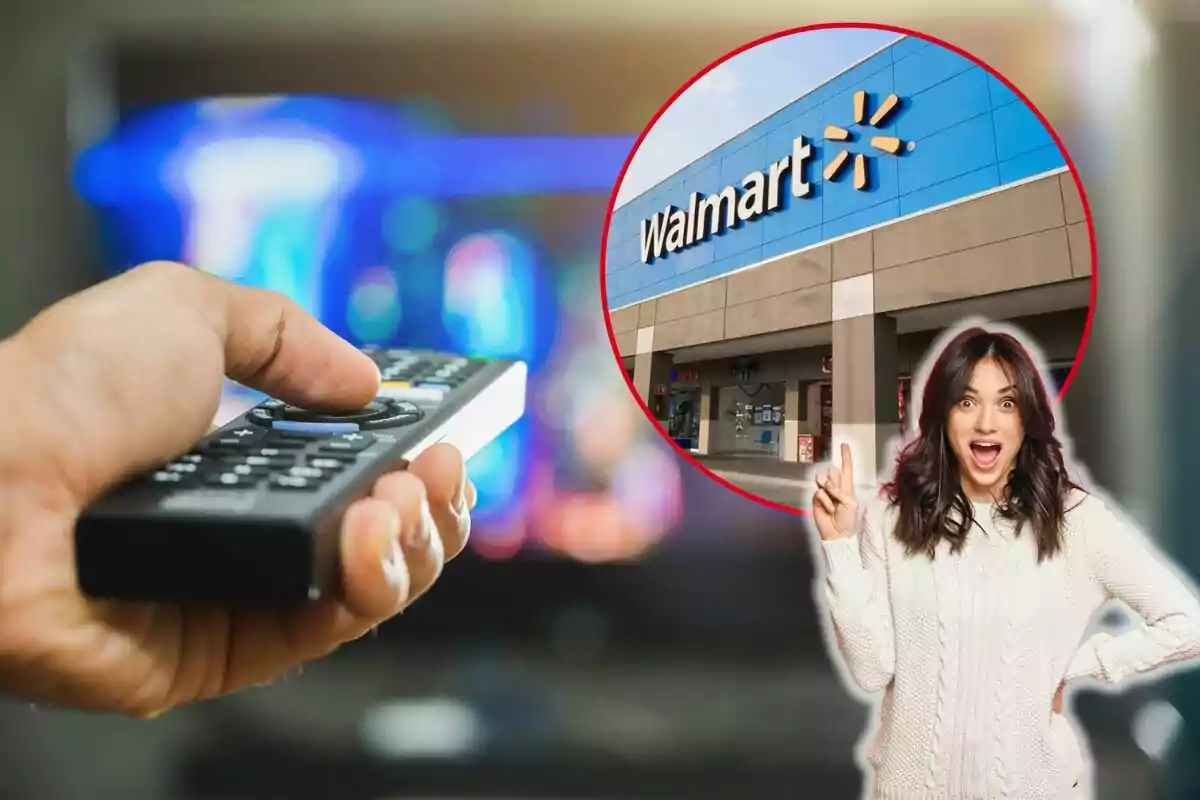 A hand holds a remote control in front of a blurry television, with an inset showing the facade of a Walmart store and a surprised woman pointing upwards.