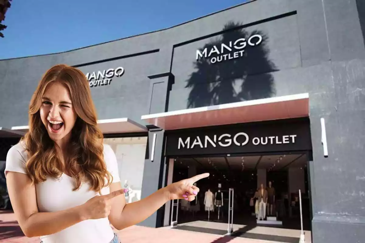 Muntatge d'una botiga Mango Outlet des de l'exterior i una noia fent un ull assenyalant