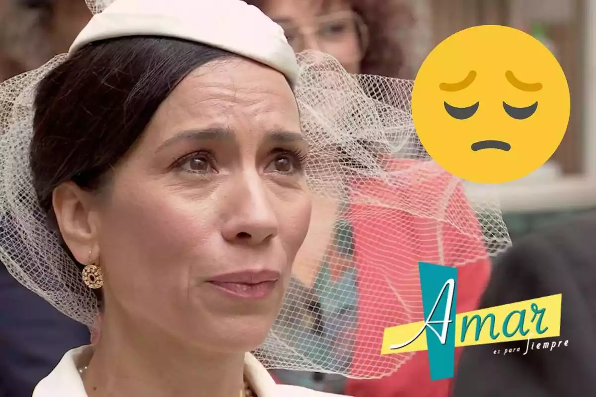 Muntatge d''Amar es para siempre' amb Manolita plorant amb un tocat blanc, el logo de la sèrie i un emoji trist