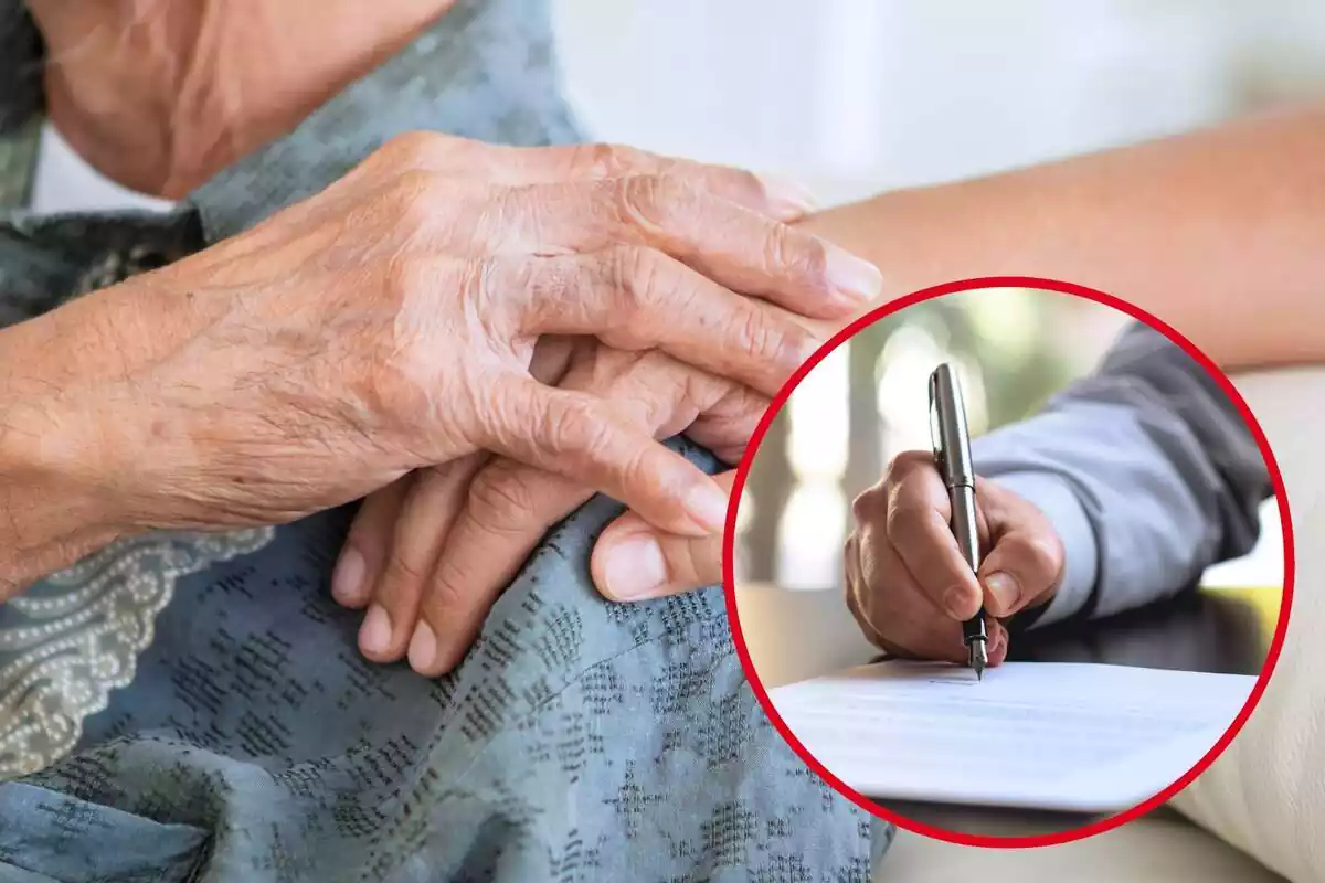 Muntatge amb la mà d'un avi agafant una altra mà i un cercle amb una persona signant un document
