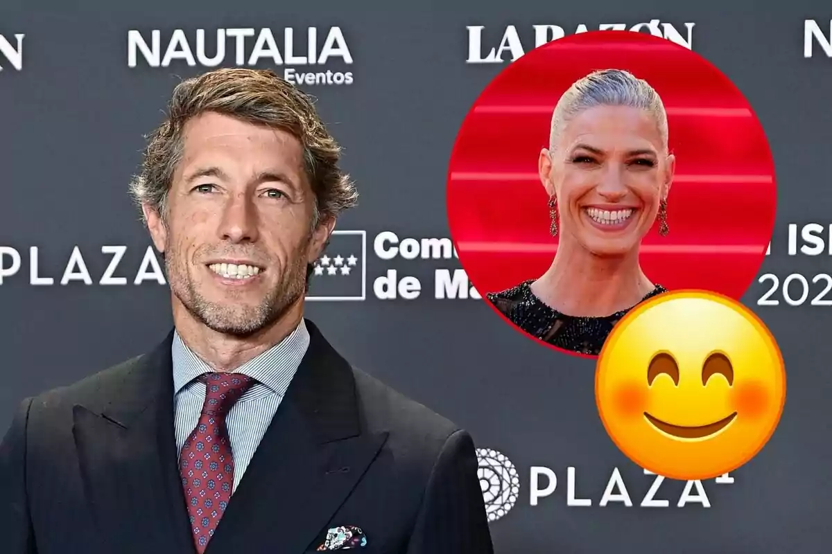Manuel Escribano amb vestit i corbata somrient en un esdeveniment, amb un cercle vermell que mostra Laura Sánchez somrient i un emoji somrient.