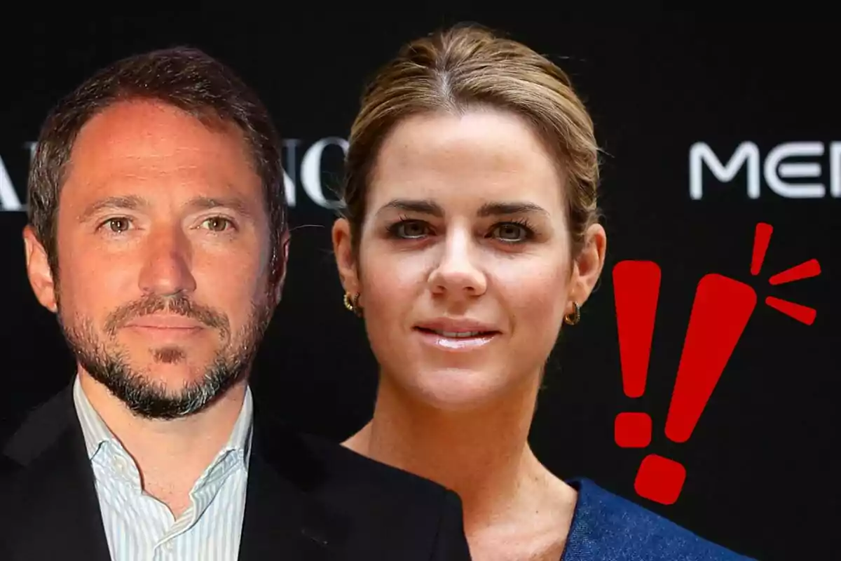 Manuel Martos i Amelia Bono posant davant d'un fons negre amb signes d'exclamació vermelles. Manuel Martos i Amelia Bono posant davant d'un fons negre amb signes d'exclamació vermelles.