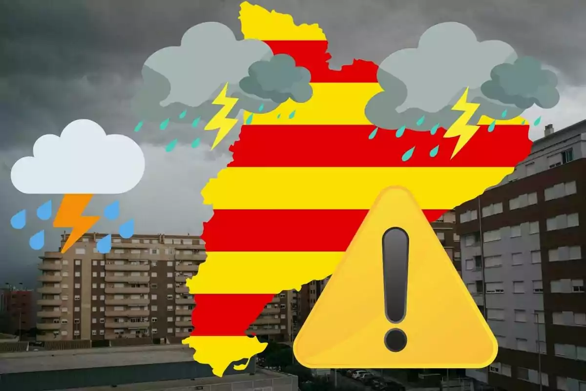 Mapa de Catalunya amb símbols de tempesta i un signe d'advertiment sobre un fons d'edificis i un cel ennuvolat.