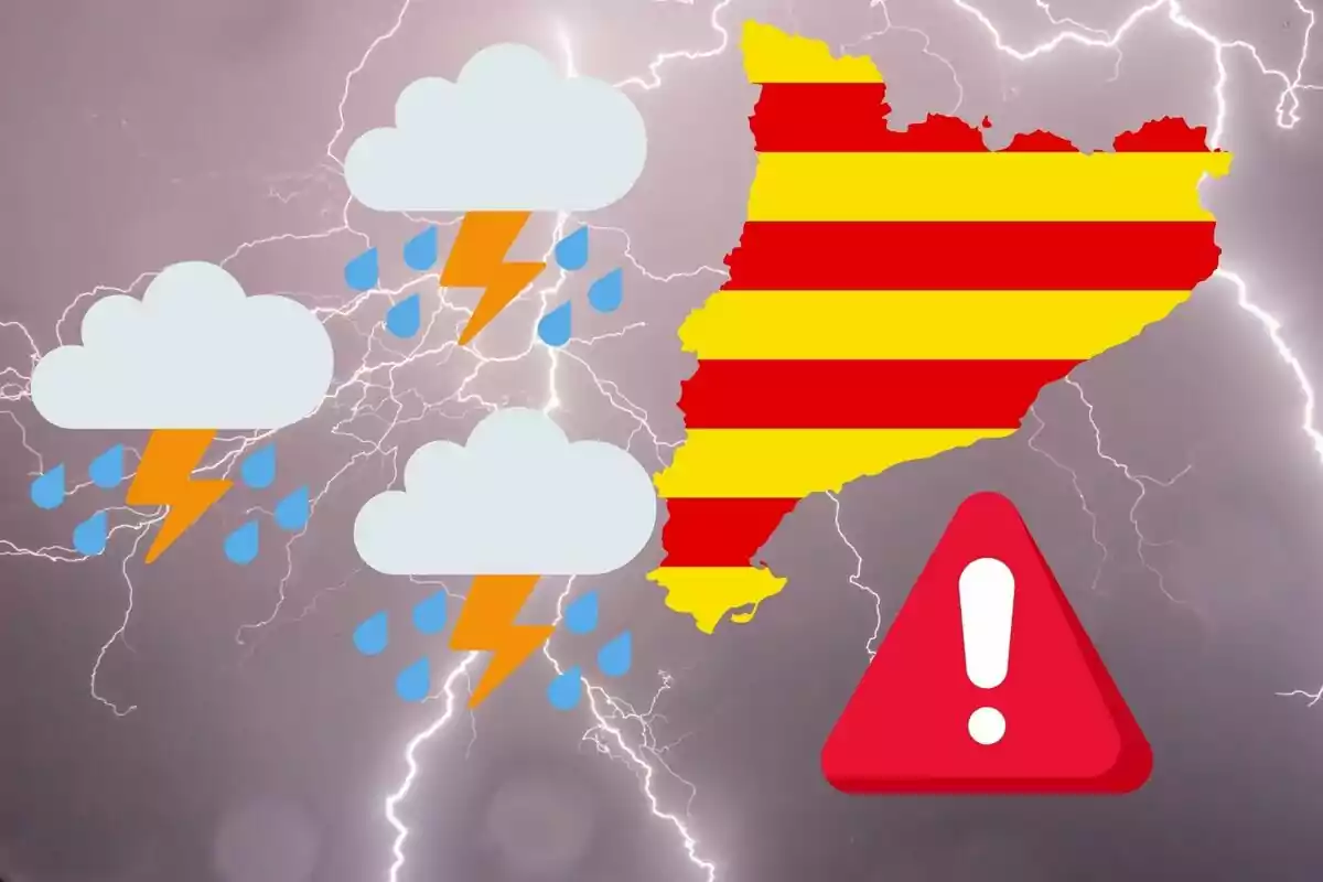 Mapa de Catalunya amb símbols de tempesta i una icona d'advertiment sobre un fons de llampecs.