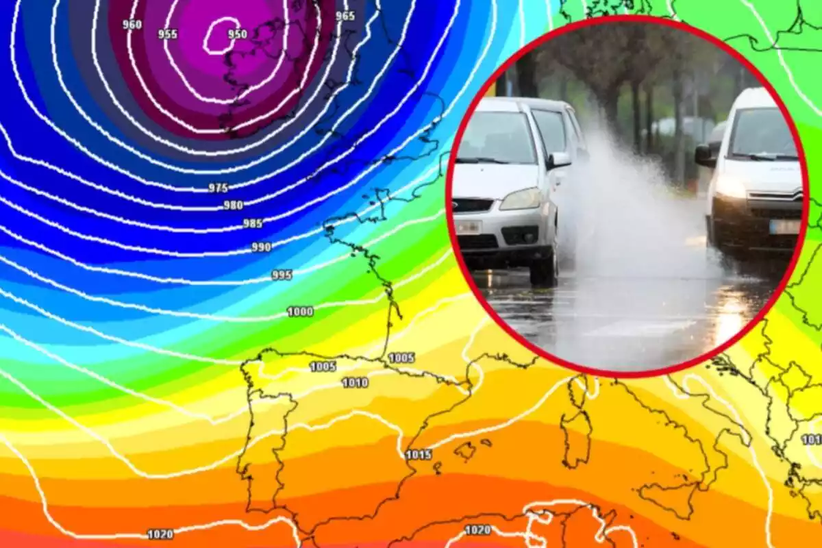 Mapa radar amb la borrasca que podria arribar a Espanya al novembre i un cercle amb dos cotxes circulant en ple temporal de pluja