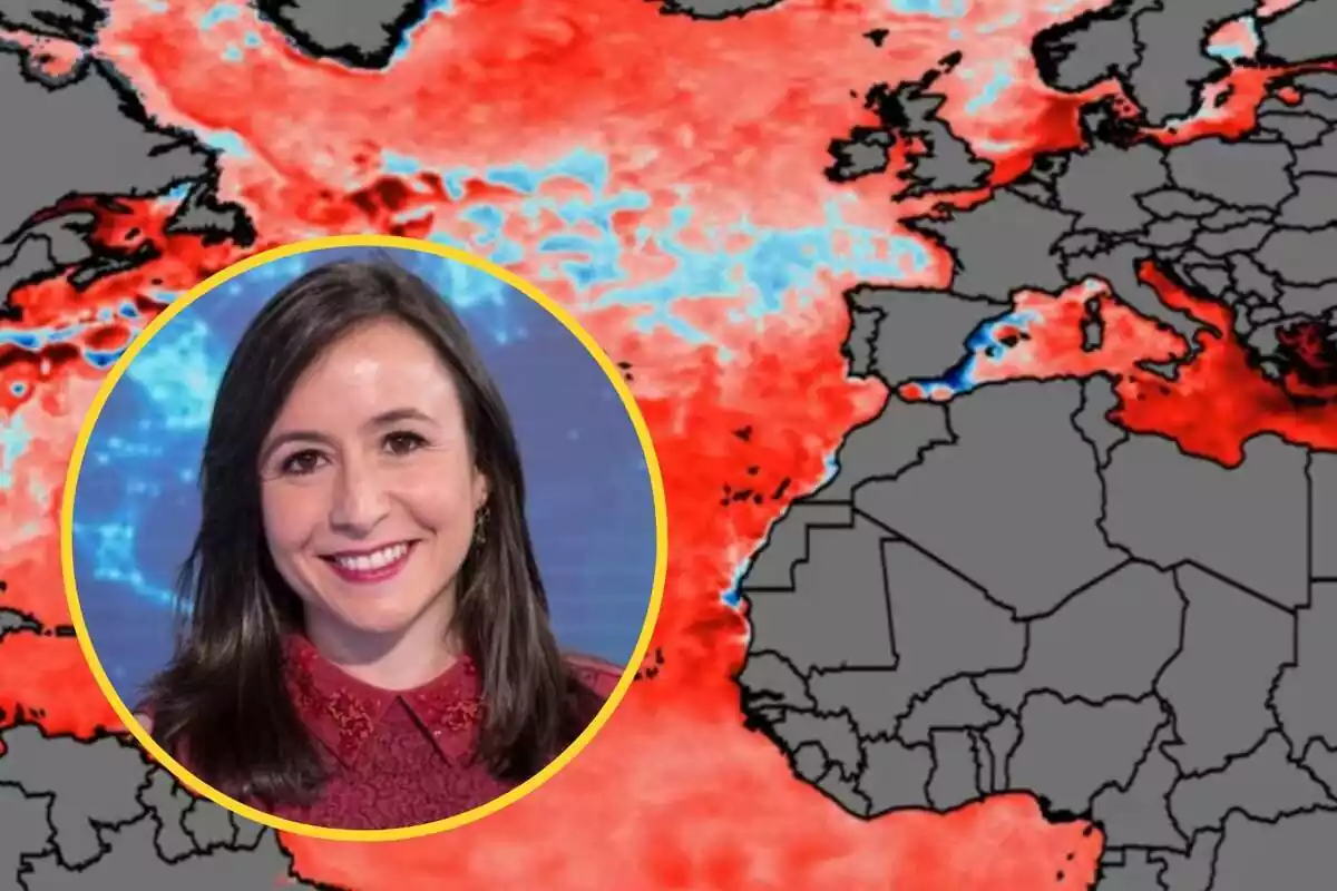 Muntatge amb el mapa de temperatura de la terra de la WMO i un cercle amb la cara de Silvia Laplana