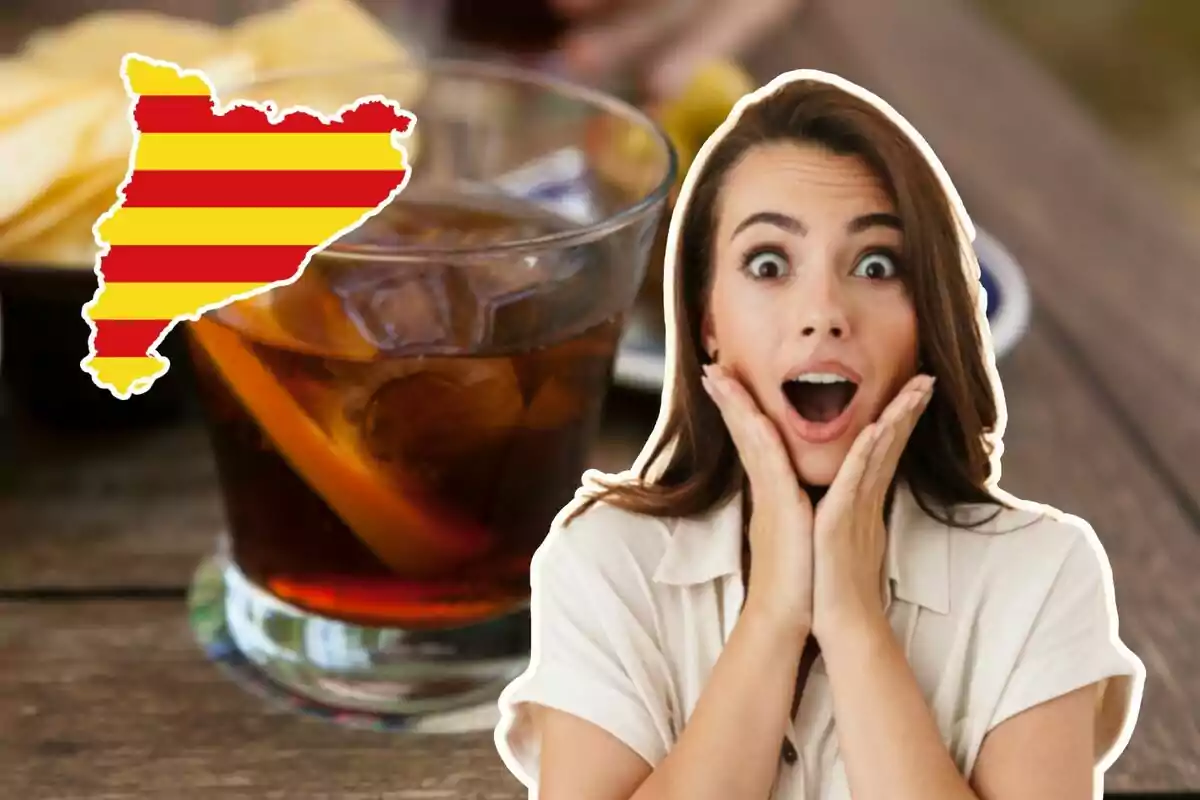 Una mujer con expresión de sorpresa junto a un vaso de bebida con hielo y una rodaja de naranja, y un mapa con franjas rojas y amarillas.