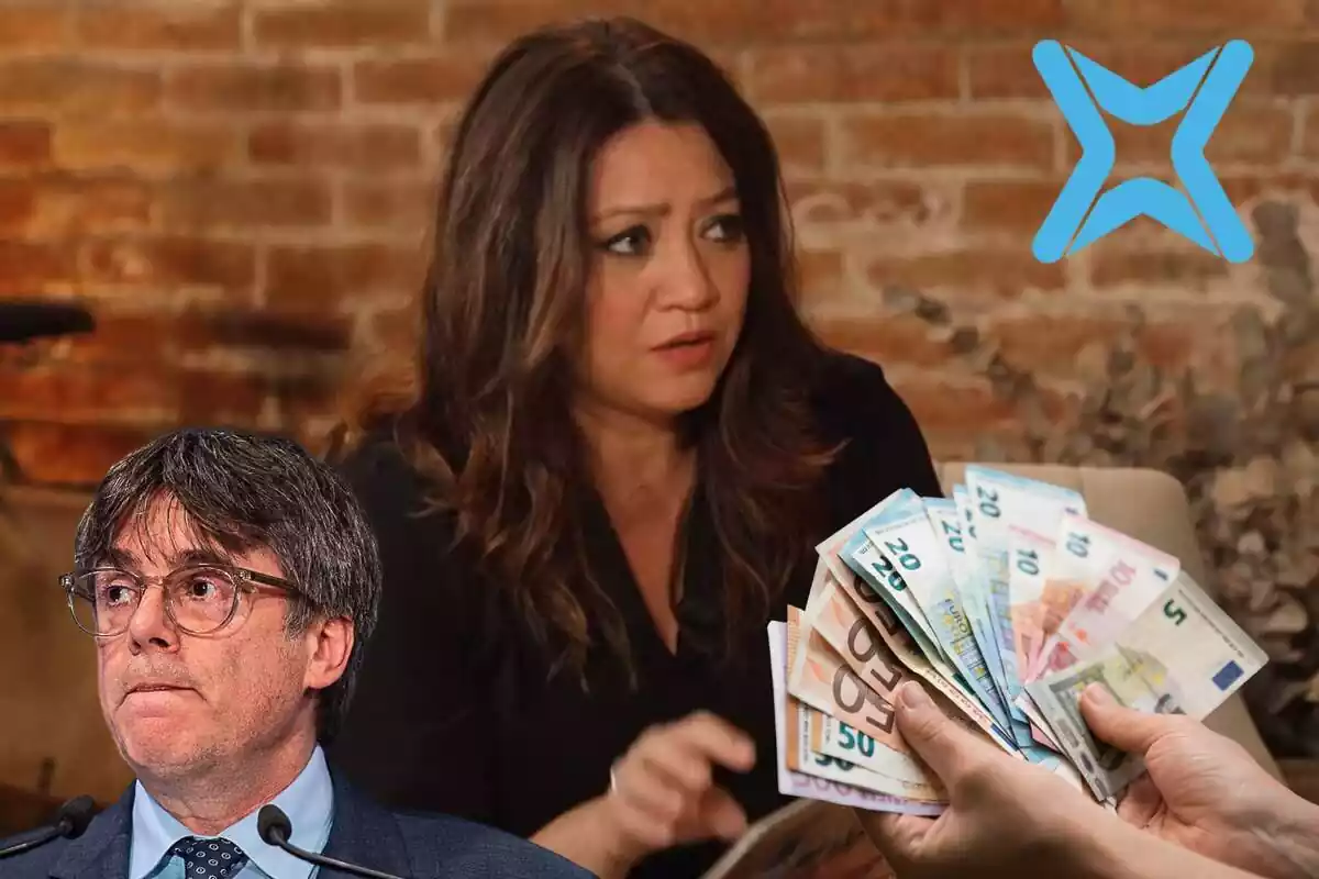 Muntatge de Marcela Topor rebent diners de la Xarxa mentre Carles Puigdemont mira cap a una altra banda.