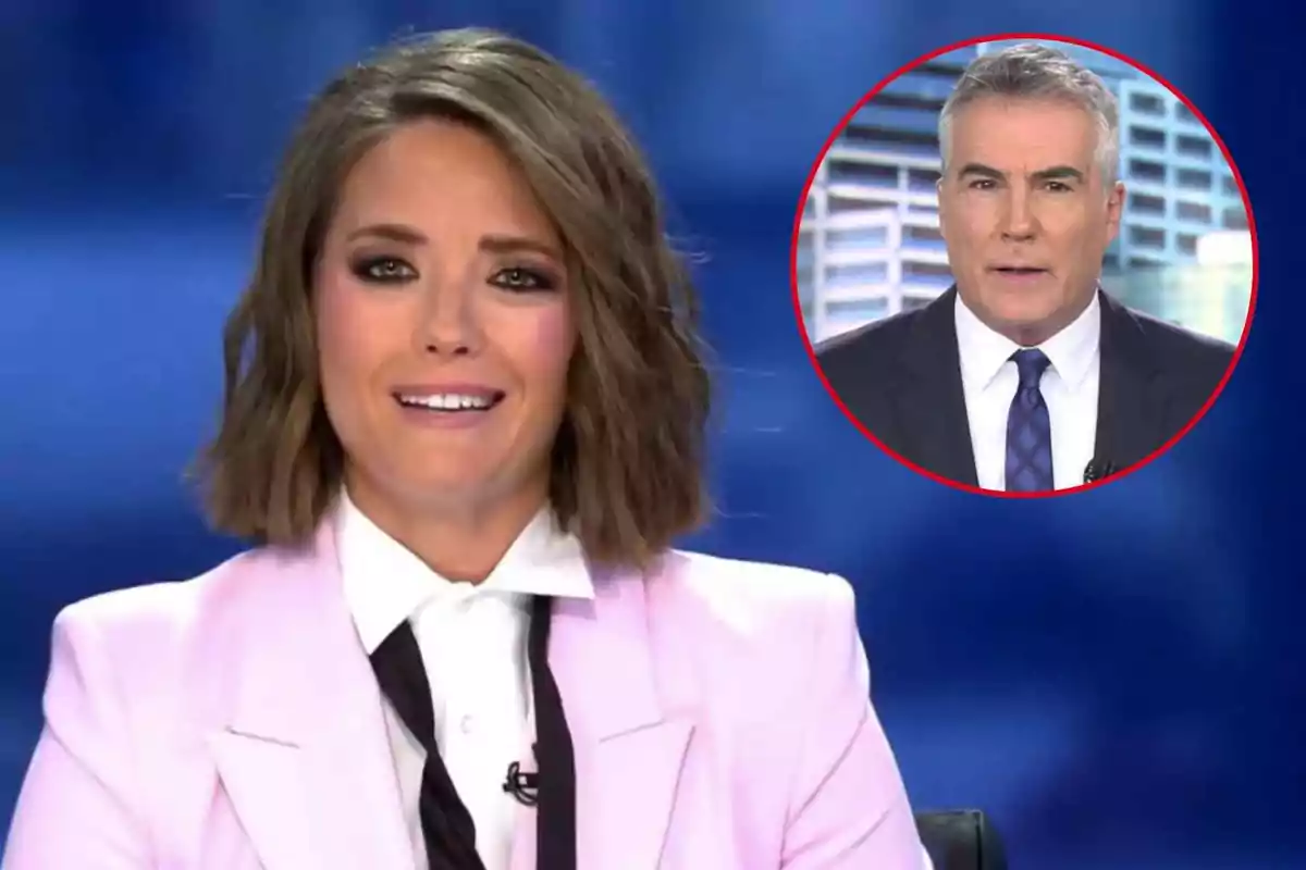 María Casado con expresión seria en un estudio de televisión con la imagen de David Cantero en un círculo rojo en la esquina superior derecha.