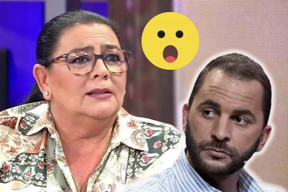 María del Monte i Antonio Tejado en un programa de televisió amb una expressió de sorpresa representada per un emoji.