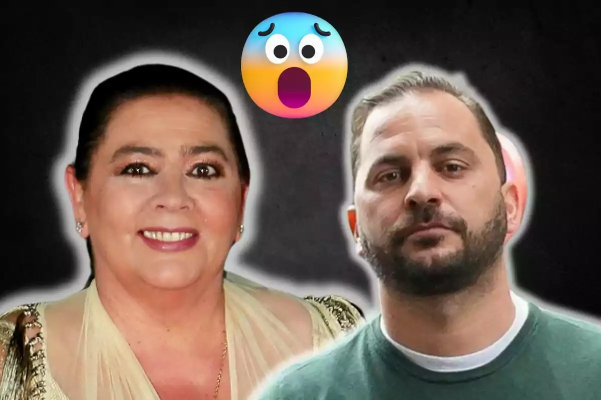 María del Monte and Antonio Tejado pose together with a surprised emoji on a dark background.