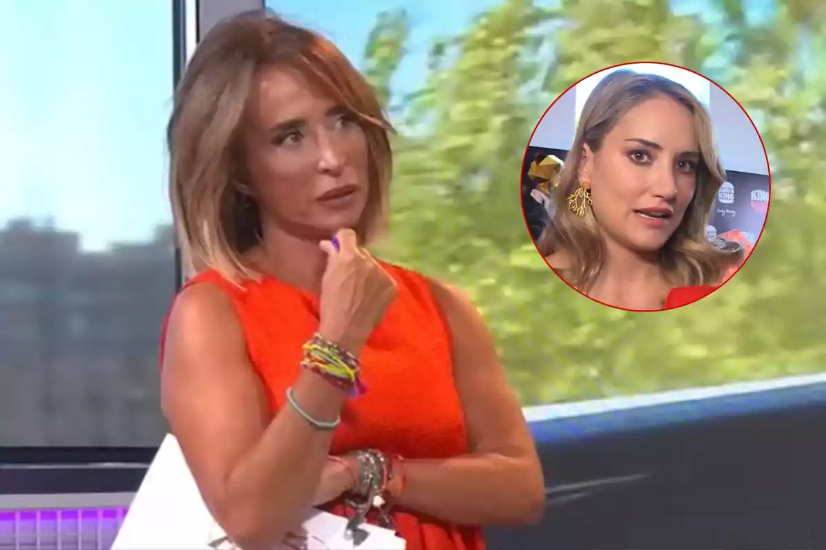 María Patiño amb vestit vermell i polseres acolorides a 'Ni que fuéramos' amb un requadre que mostra Alba Carrillo amb arracades daurades.