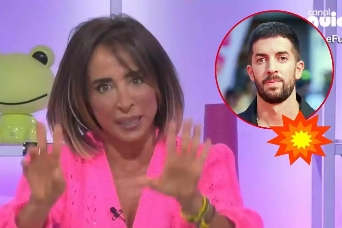 María Patiño amb un suèter rosa gesticula mentre parla en un programa de televisió amb la imatge de David Broncano en un cercle vermell a la cantonada superior dreta.