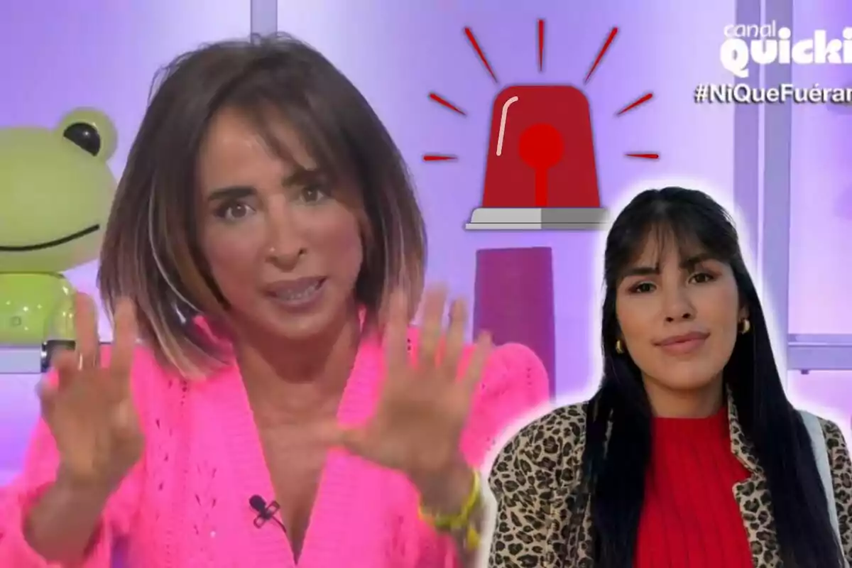 María Patiño i Isa Pantoja a un set de televisió amb un fons morat i un dibuix d'una sirena d'alarma vermella.