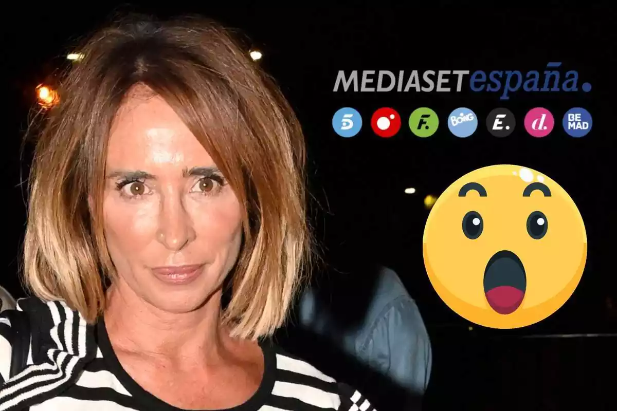 Muntatge de María Patiño amb rostre neutre, el logotip de Mediaset i un emoji de sorpresa