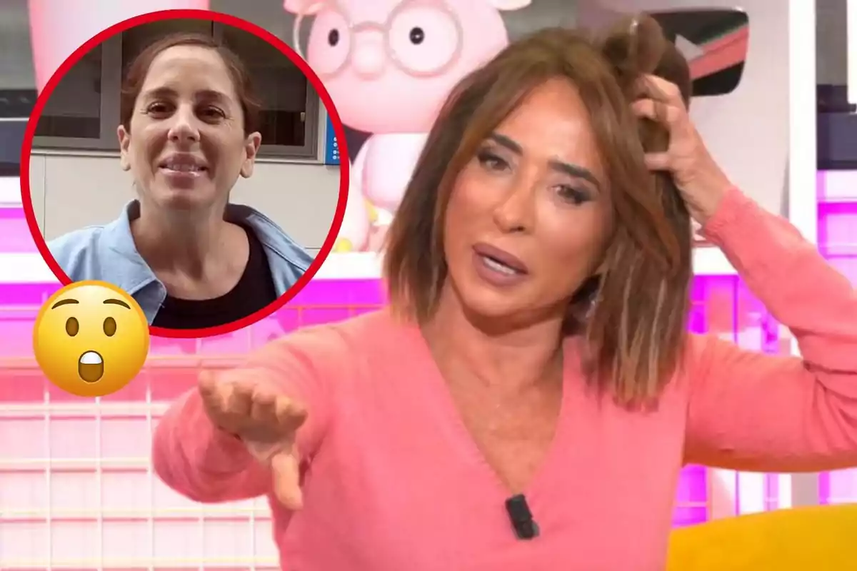 María Patiño con suéter rosa gesticula mientras sostiene su cabello, en la esquina superior izquierda hay un círculo con la imagen de Anabel Pantoja sonriendo y un emoji sorprendido.